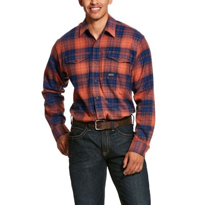 Ariat Rebar Flannel DuraStretch - Werkhemd Oranje / Donkerblauw Heren - 18395-696